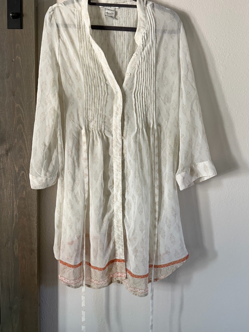 American Rag Cream and Brown Embroidered Button-Up Blouse XL
